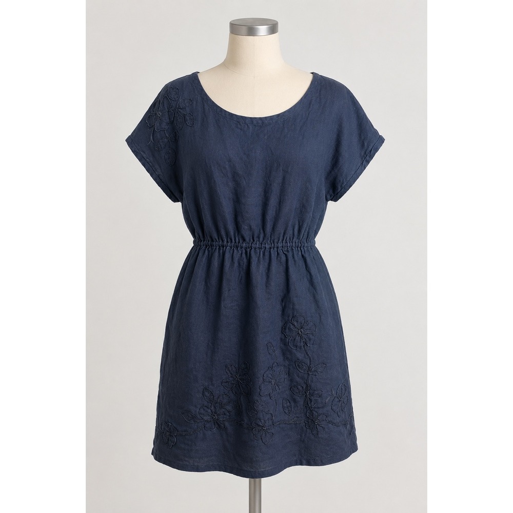 Juicyโ Couture Embroidered Linen Dress Womens S Navy Blue 100% Linen Boho Y2K